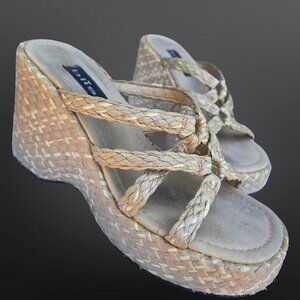 Vintage 90s Y2K Beige Chunky Platform Wedge Sandals Heels Size 10 Raffia Woven